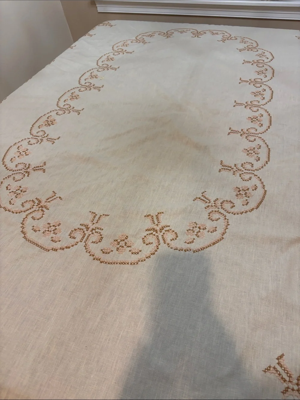Handmade Oval Cream Cross-stitch Tablecloth with Tan Scrolls